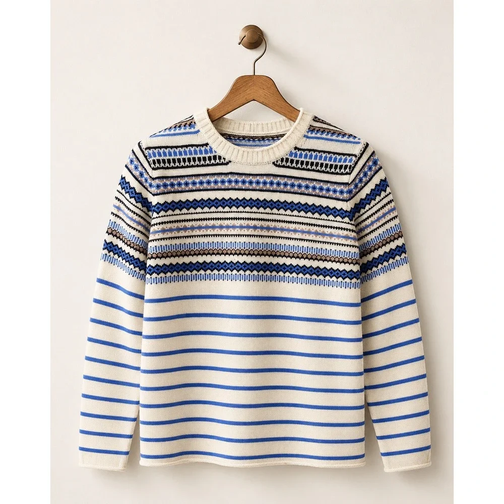 J.Crew Small 100% Wool Fair Isle Striped Crewneck Sweater Cream Blue